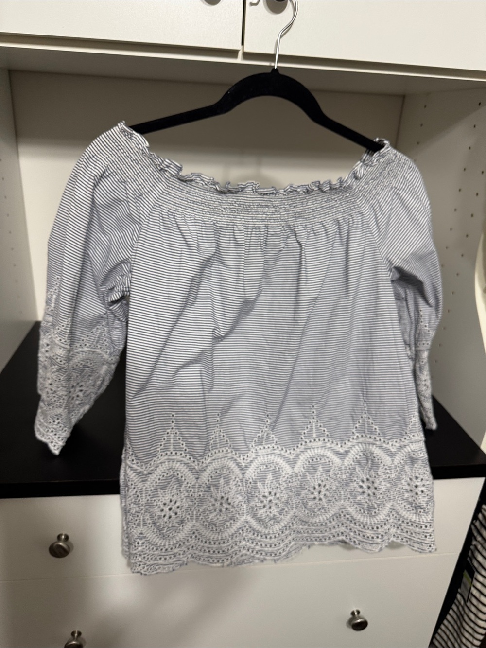 crown & ivy Blue and White Striped Off-Shoulder Tunic with Lace Hem